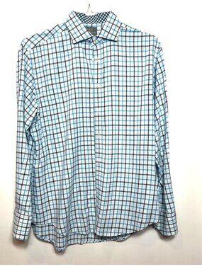 Thomas Dean Mens Plaid Button Down Shirt Large 100% Pima Cotton Blue / White